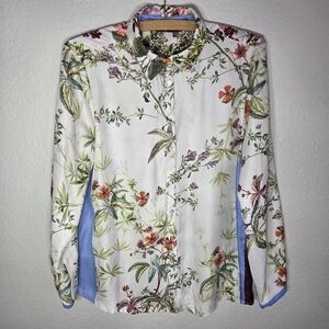 ZARA Basic White Floral Button Front Blouse Top Shirt Size L Long Sleeves